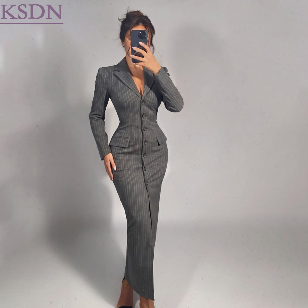 Midi Dress - 회색 줄무늬 여성용 블레이저 스커트, 몸에