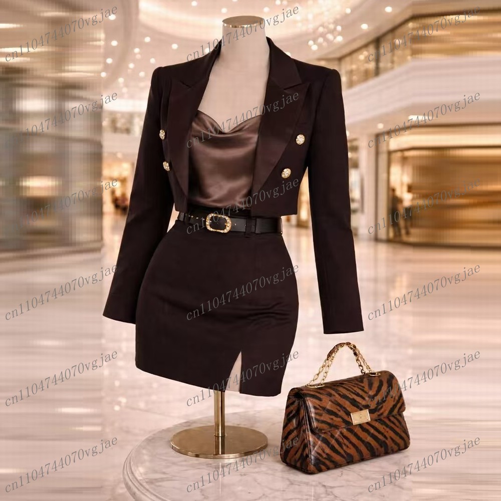 Formal Skirt - 짙은 갈색의 정장 스타일 블레이저와 스커트
