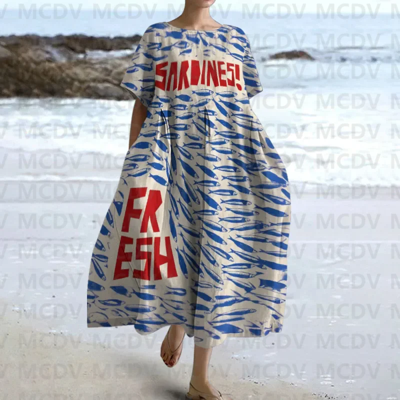 Midi Dress - 일본 빈티지 피쉬 아트 프린트 여성,
