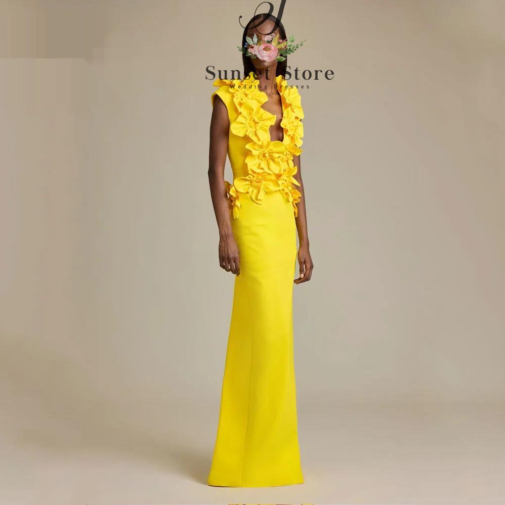맞춤 제작된 노란색 딥 V넥 3D 플라워 크레이프 머메 - Formal Dress 리뷰 및 가격