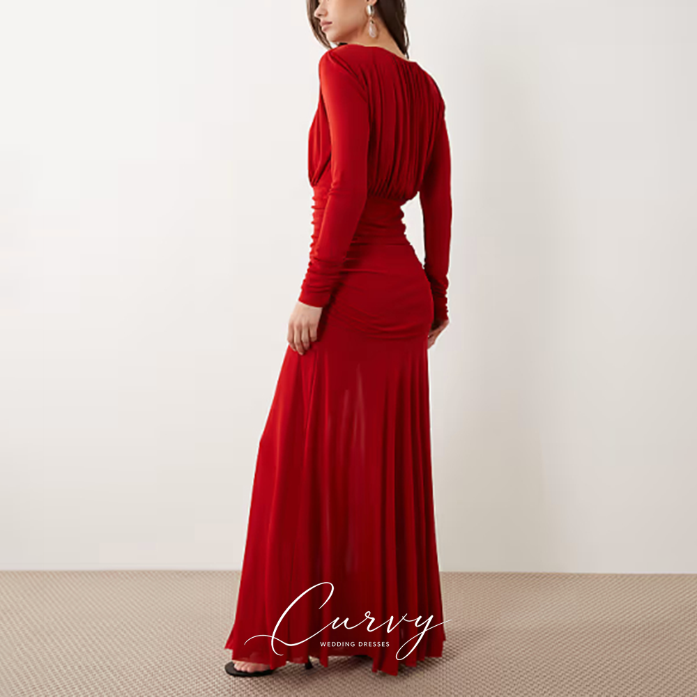 여성을위한 곡선형 모던 레드 이브닝 드레스 라운드 넥  - Women'S Red Formal Wear 리뷰 및 가격